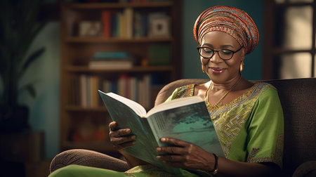 Cultural wisdom: A mature African woman reads a book on the couch, portraying intellectual pursuits and the serenity of cultural knowledge.の素材