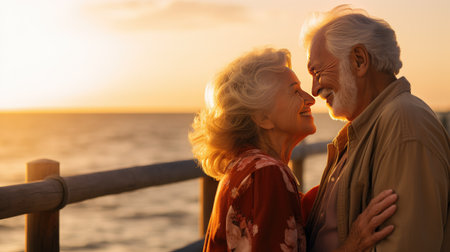 Seaside serenity: A happy senior couple shares a romantic moment on the beachの素材