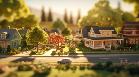 Sunlit suburbia: A defocused view of a pretty suburban neighborhood, with trees and sunlight.の素材