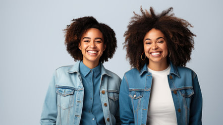 Urban joy in denim: An African female in a trendy jean jacket, radiating happiness against a white copy spaceの素材