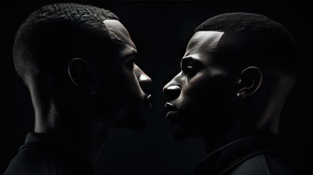 Intense profiles: A dramatic side view of two young African American men against a black background.の素材