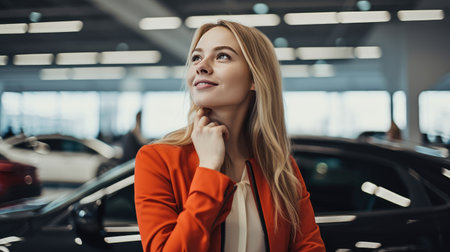 Joyful ride ahead: Witness the excitement as a happy young woman buys her dream car at a dealership.の素材