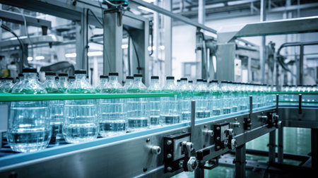 water production plant with a focus on the bottling line, processing pure spring water into small bottles.の素材