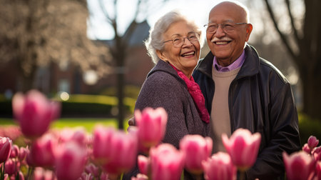 Spring embrace: A happy elderly couple shares a bench in a park, surrounded by blossoms.の素材
