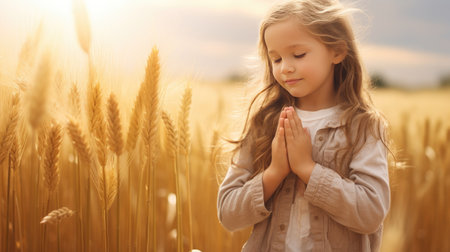 heartwarming scene of a cute, happy little girl praying in a sunlit wheat field.の素材