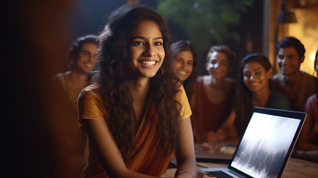 Diverse collaboration: Indian ethnicity, young woman on video call, remote chat.の素材