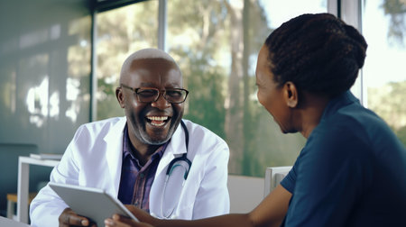 Joyful healthcare: A smiling African doctor uses a tablet to deliver good news during a medical consultationの素材