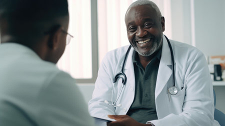 Joyful healthcare: A smiling African doctor uses a tablet to deliver good news during a medical consultationの素材