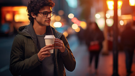 City sip: Young man in glasses enjoys takeaway coffee from a paper cup, embracing the urban coffee culture.の素材