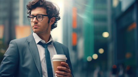 City sip: Young man in glasses enjoys takeaway coffee from a paper cup, embracing the urban coffee culture.の素材
