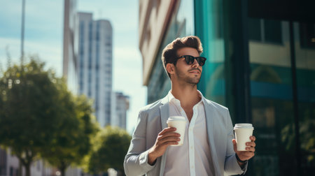City sip: Young man in glasses enjoys takeaway coffee from a paper cup, embracing the urban coffee culture.の素材