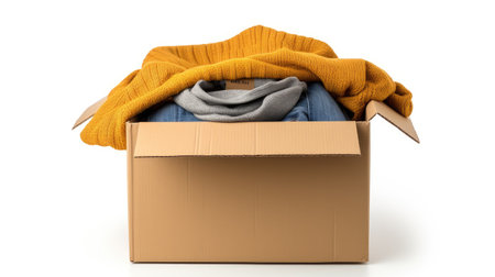 Helping hands: Hands hold a cardboard box with clothes, symbolizing charity and generosityの素材