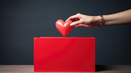 "Heartfelt giving: A close-up of a hand placing a red paper heart into a donation box.の素材
