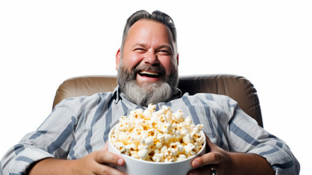 "Weekend relaxation: A happy man with a popcorn in a chair on a white background.の素材