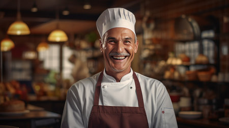 Chef with his standing at restaurant kitchen. Male cook wearing apron standing by kitchen counter and smiling.の素材
