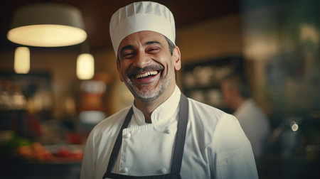 Chef with his standing at restaurant kitchen. Male cook wearing apron standing by kitchen counter and smiling.の素材