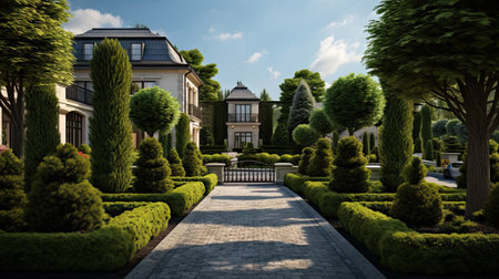 Green Oasis at Home: essence of a beautiful courtyard transformation with young thuja smaragd trees neatly planted in a row.の素材