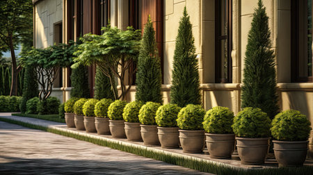 Green Oasis at Home: essence of a beautiful courtyard transformation with young thuja smaragd trees neatly planted in a row.の素材