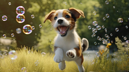 delightful scene of Jack, the Puppy Russell, playing with soap bubbles outdoors in the warm summer air.の素材