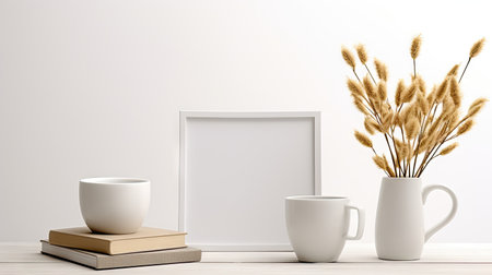 serene breakfast still life with coffee, books, and an empty photo frame on a wooden table.の素材