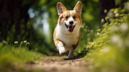 Serene summer stroll: A Pembroke Welsh Corgi enjoys a leisurely walk in a green park.の素材