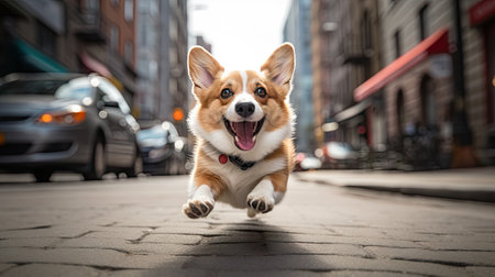 Energetic urban vibes: A cute Welsh Corgi Pembroke sprinting joyfully on the city streets.の素材
