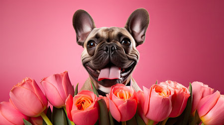 Charming dog with tulip bouquet in teeth on a pink backdrop-perfect for spring celebrations!の素材