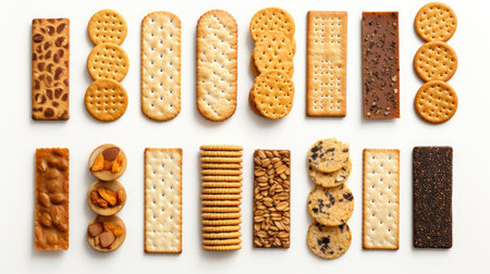 appealing arrangement of a variety of crackers on a clean, white background.の素材