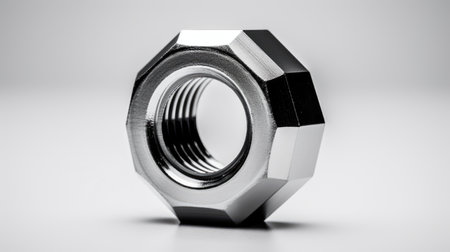 intricate details of a chromed screw nut in a mesmerizing macro shot.の素材