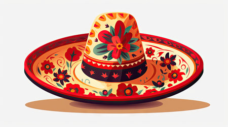 intricate details of a vibrant Mexican Sombrero hat, showing its embroidered patterns and bold colors.の素材