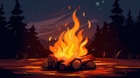 Nighttime warmth: Isolated bonfire with burning wood and flame against , capturing the cozy ambiance and natural beauty of an outdoor fire.の素材