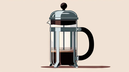 Isolated French press coffee maker with glass and steel, showcasing a contemporary design for the perfect brew on a white backgroundの素材