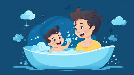 delightful illustrations of a baby enjoying bathtimeの素材