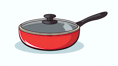 appealing icon of a red metal frying pan with a gray handle, isolated on a white background.の素材