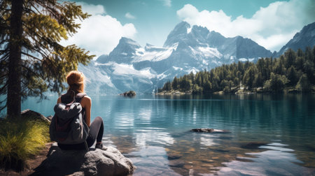 Nature's embrace: A young girl revels in the beauty of a mountain lake.の素材