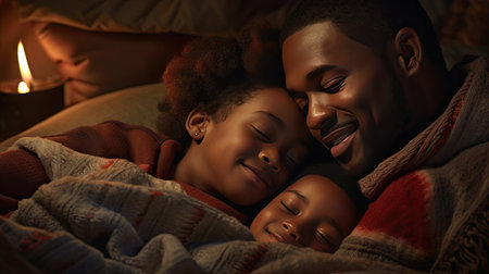 Sweet dreams: An African American father sleeps peacefully with his children in bed.の素材