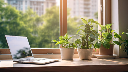 Workspace tranquility: Desktop free space with a green plant and a view of spring through the window.の素材