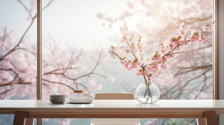 Workspace tranquility: Desktop free space with a green plant and a view of spring through the window.の素材