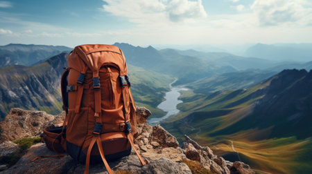 Peak adventure: Backpack against a stunning mountain landscape.の素材