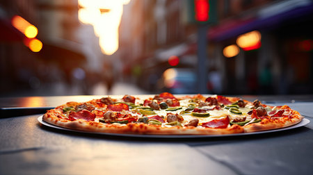 "City pizza vibes: Fresh, warm pizza served on a table amidst the bustling city street.の素材
