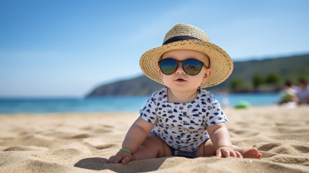 nine-month-old baby boy sitting on the beach in beautiful summer attire,の素材