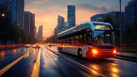 bus moving on the road in the city early in the morning, highlighting the urban hustle and bustle.の素材