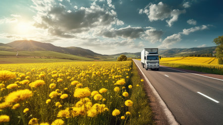 paved road in a dandelion field with a small truck, showing the beauty of a countryside journey.の素材