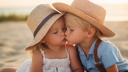 babygirl and babyboy kissing on the beach in straw hats.の素材