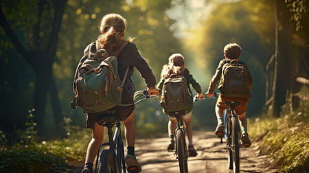 joy of children riding bicycles with backpacks in the park near the school.の素材