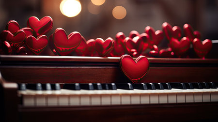 featuring red wooden hearts on a piano keyboard with selective focus.の素材