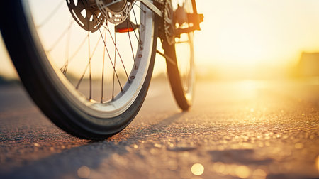 Close-up of a child's bicycle wheels on an asphalt road, bathed in morning sunlight, embodying the joy of early cycling adventuresの素材