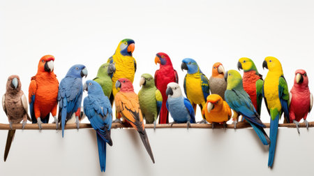 "Feathered Harmony: Australian parrots in a vibrant array of colors, isolated on a white background, showing the beauty of avian diversity."の素材