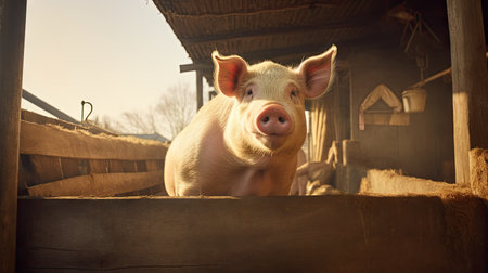 ig pig in a pigsty, embodying the charm of rural agriculture, capturing the essence of large-scale swine farming in a countryside settingの素材