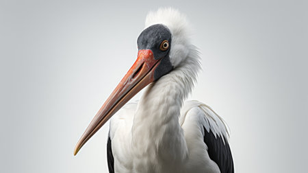 portrait of an elegant stork on a clean white background, capturing the graceful and majestic beauty of this long-legged birdの素材
